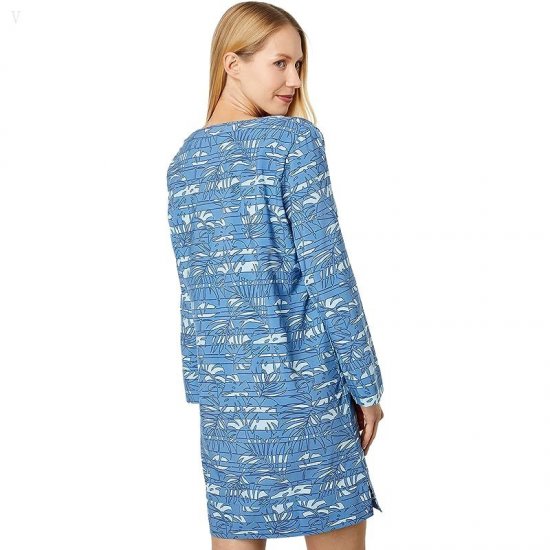 L.L.Bean Bean\'s Stretch Swim Cover-Up Split-Neck Tunic Print Rustic Blue Linear Palm ID-umWYLA5U