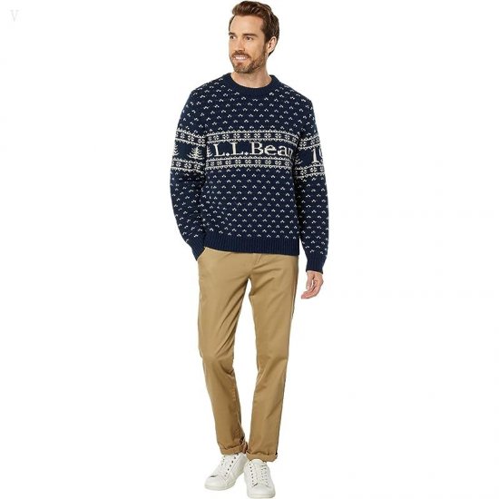 L.L.Bean Classic Raggwool Crew Sweater Intarsia Navy Logo ID-SXGgsuW8
