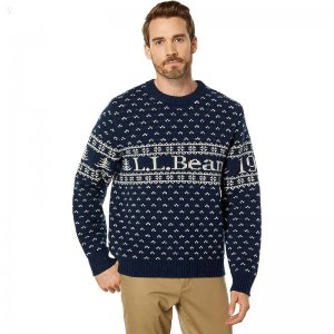 L.L.Bean Classic Raggwool Crew Sweater Intarsia Navy Logo ID-SXGgsuW8