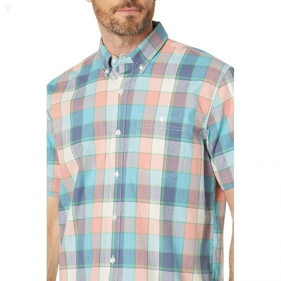 L.L.Bean Comfort Stretch Chambray Shirt Short Sleeve Traditional Fit Plaid Warm Coral ID-A293s27x