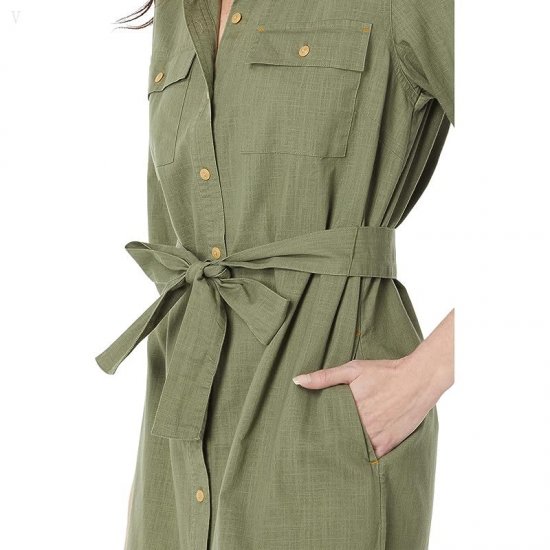 L.L.Bean Signature Camp Shirtdress Button Front Olive Gray ID-fSPrxyLz