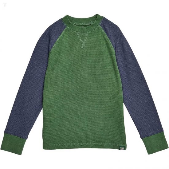 L.L.Bean Unshrinkable Mini Waffle Long Sleeve (Big Kids) Rain Forest/Carbon Navy ID-1QlB9LMW