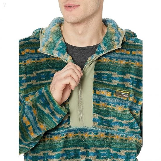 L.L.Bean Hi-Pile Fleece Hooded Pullover Print Regular Rain Forest Geo ID-929D094S