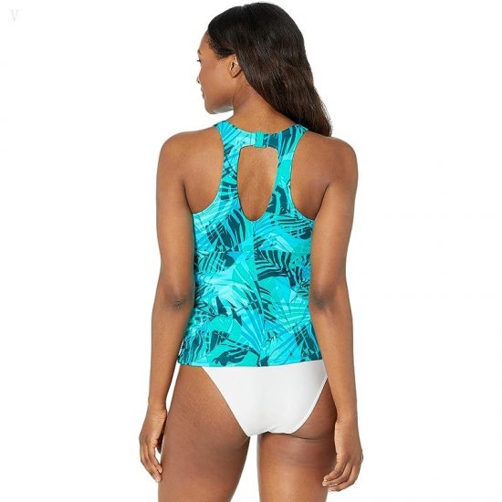 L.L.Bean BeanSport High-Neck Tankini Print Classic Teal Blue Palm ID-nNOSFpXu