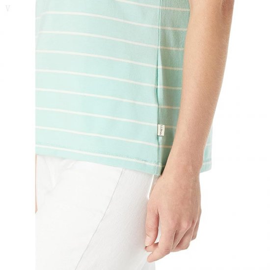 L.L.Bean Soft Stretch Supima Tee Crew Neck Striped Short Sleeve Faded Jade/Sailcloth ID-coftSLHy