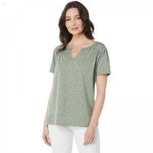 L.L.Bean Organic Cotton Smocked Notch Neck Tee Short Sleeve Print Bay Leaf Dot ID-FIUpG7fU