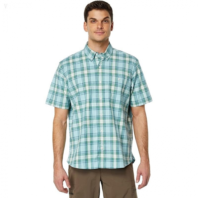 L.L.Bean Comfort Stretch Chambray Shirt Short Sleeve Traditional Fit Plaid Pale Turquoise ID-wQ0T0oBg - Click Image to Close