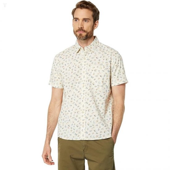 L.L.Bean Signature Woven Cotton Short Sleeve Shirt Regular Cream Fishing Flies ID-dknRcAvN