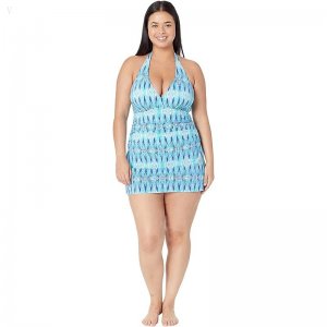 L.L.Bean Slimming Swimwear Clasp Halter Dress Print Arctic Blue Ikat ID-NLv1nbEV