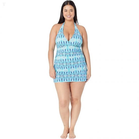 L.L.Bean Slimming Swimwear Clasp Halter Dress Print Arctic Blue Ikat ID-NLv1nbEV