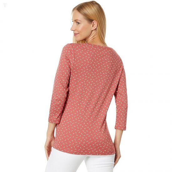 L.L.Bean Pima Cotton Shaped Jewelneck 3/4 Sleeve Print Sienna Brick Ditsy Floral ID-NmSlWWle