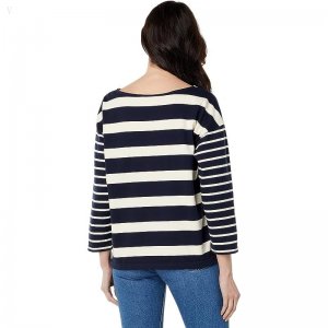 L.L.Bean Heritage Mariner Boatneck 3/4 Sleeve Classic Navy/Sailcloth Blocked Stripe ID-1uXkJkwF