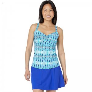 L.L.Bean Slimming Swimwear Tankini Top Print Arctic Blue Ikat ID-LhWMhZ4z