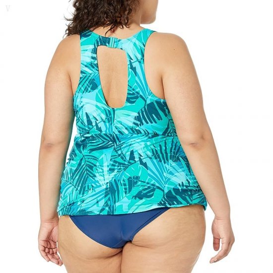 L.L.Bean Plus Size Beansport High Neck Tankini Print Classic Teal Blue Palm ID-VBMkkTQ7