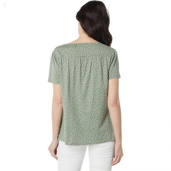 L.L.Bean Organic Cotton Smocked Notch Neck Tee Short Sleeve Print Bay Leaf Dot ID-FIUpG7fU