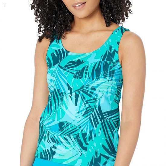 L.L.Bean BeanSport Scoop Neck Tankini Top Print Classic Teal Blue Palm ID-jRlB0o1J