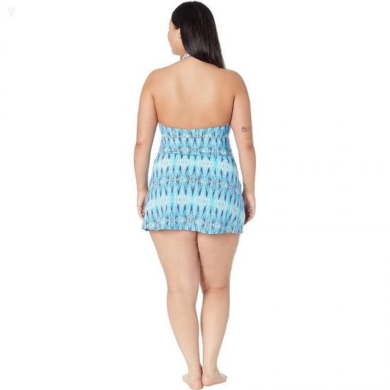 L.L.Bean Slimming Swimwear Clasp Halter Dress Print Arctic Blue Ikat ID-NLv1nbEV