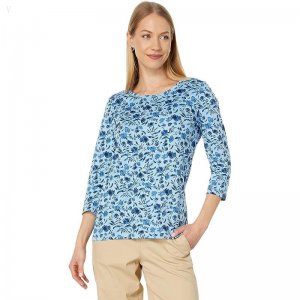 L.L.Bean Pima Cotton Shaped Jewelneck 3/4 Sleeve Print Lake Watercolor Floral ID-ArJwA6BO