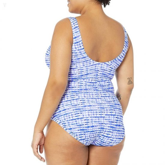 L.L.Bean Plus Size Beansport Scoop Neck Tanksuit Print Cobalt Gingham ID-V5sd5qwu