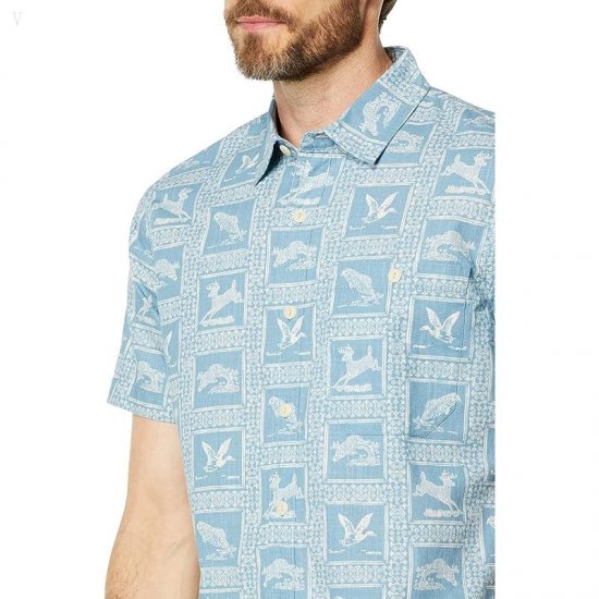 L.L.Bean Signature Woven Cotton Short Sleeve Shirt Regular Baltic Blue Animals ID-S1P3b9GJ