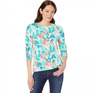 L.L.Bean Sunsmart UPF 50+ Sun Shirt Print Deepwater Blue Tropical Leaves ID-CWVJe8Wm