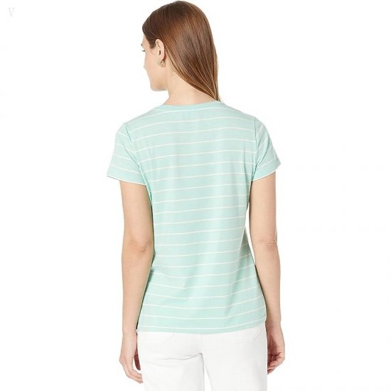 L.L.Bean Soft Stretch Supima Tee Crew Neck Striped Short Sleeve Faded Jade/Sailcloth ID-coftSLHy