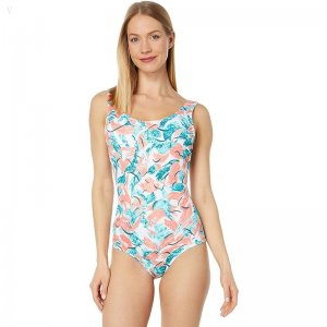 L.L.Bean BeanSport Scoop Neck Tanksuit Print Classic Teal Blue Brushstrokes ID-TUQPeh0N