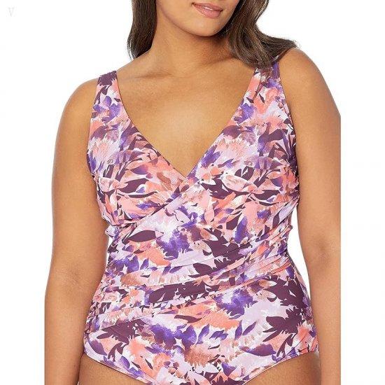 L.L.Bean Slimming Swimwear Tanksuit Print Royal Plum Flowers ID-uohbGpJ6