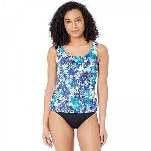 L.L.Bean BeanSport Scoop Neck Tankini Top Print Darkest Navy Multi Floral ID-Y13dar4J