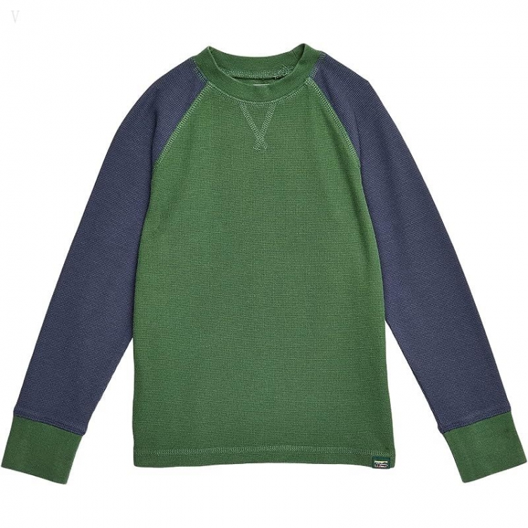 L.L.Bean Unshrinkable Mini Waffle Long Sleeve (Big Kids) Rain Forest/Carbon Navy ID-1QlB9LMW - Click Image to Close