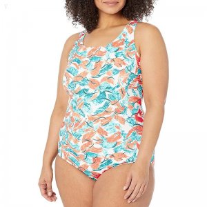 L.L.Bean Plus Size Beansport Scoop Neck Tanksuit Print Classic Teal Blue Brushstrokes ID-no1AyuCq