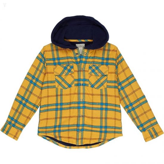 L.L.Bean Fleece Lined Flannel Shirt Hooded Plaid (Big Kids) Field Gold ID-ud9k9Ct8