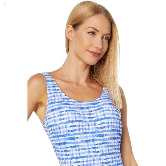 L.L.Bean BeanSport Scoop Neck Tanksuit Print Cobalt Gingham ID-A6w7T4MJ