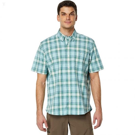L.L.Bean Comfort Stretch Chambray Shirt Short Sleeve Traditional Fit Plaid Pale Turquoise ID-wQ0T0oBg