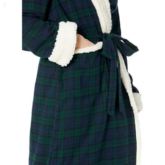 L.L.Bean Scotch Plaid Flannel Sherpa Lined Long Robe Black Watch ID-nBOvKwE6