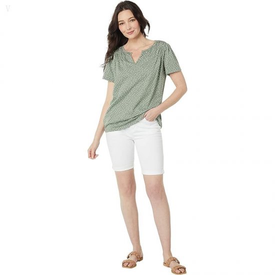 L.L.Bean Organic Cotton Smocked Notch Neck Tee Short Sleeve Print Bay Leaf Dot ID-FIUpG7fU