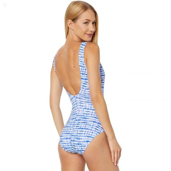 L.L.Bean BeanSport Scoop Neck Tanksuit Print Cobalt Gingham ID-A6w7T4MJ