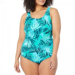 L.L.Bean Plus Size Beansport Scoop Neck Tanksuit Print Classic Teal Blue Palm ID-dm0P5Zbu