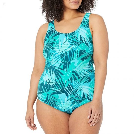L.L.Bean Plus Size Beansport Scoop Neck Tanksuit Print Classic Teal Blue Palm ID-dm0P5Zbu