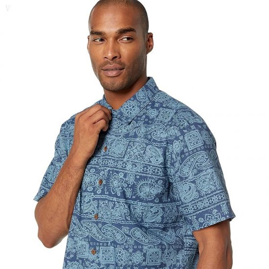 L.L.Bean Tropics Shirt Short Sleeve Slightly Fitted Print Mallard Blue Bandana ID-MpZhPKyu
