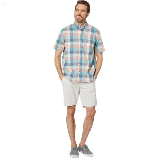 L.L.Bean Comfort Stretch Chambray Shirt Short Sleeve Traditional Fit Plaid Warm Coral ID-A293s27x