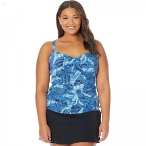 L.L.Bean Slimming Swimwear Tankini Top Print Darkest Navy Leaves ID-vlOoihDj