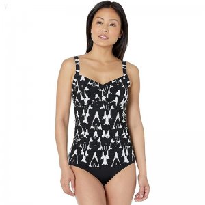 L.L.Bean Slimming Swimwear Tankini Top Print Black Ikat ID-n3FBLrs9