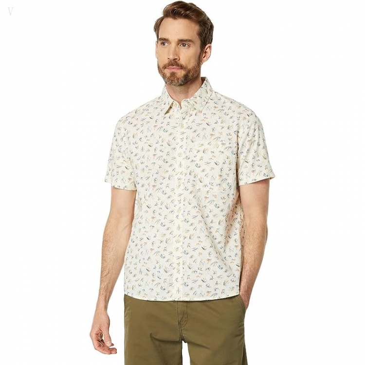 L.L.Bean Signature Woven Cotton Short Sleeve Shirt Regular Cream Fishing Flies ID-dknRcAvN - Click Image to Close
