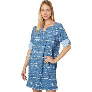 L.L.Bean Bean's Stretch Swim Cover-Up Split-Neck Tunic Print Rustic Blue Linear Palm ID-umWYLA5U