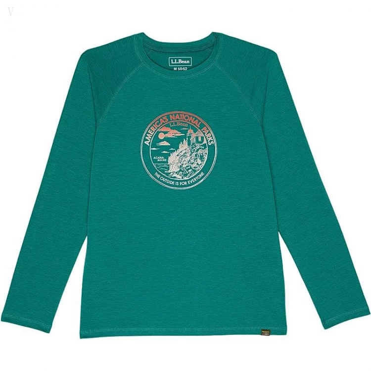 L.L.Bean Everyday Sun Smart Long Sleeve Tee (Big Kids) Warm Teal National Parks ID-Amp3Ga5o - Click Image to Close