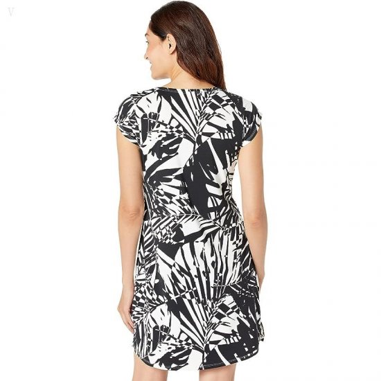 L.L.Bean Sunsmart UPF 50+ Cover-Up Dress Print Black/White Palms ID-e8apFl2g