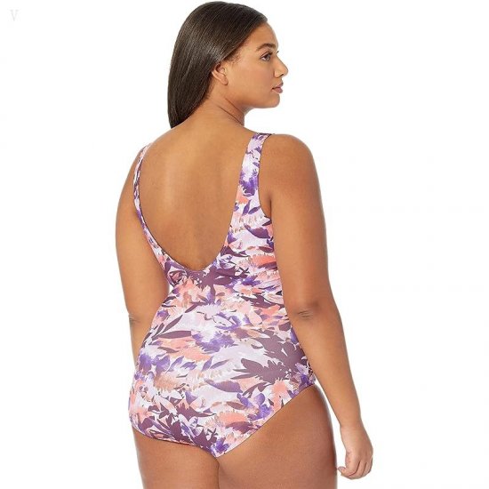 L.L.Bean Slimming Swimwear Tanksuit Print Royal Plum Flowers ID-uohbGpJ6