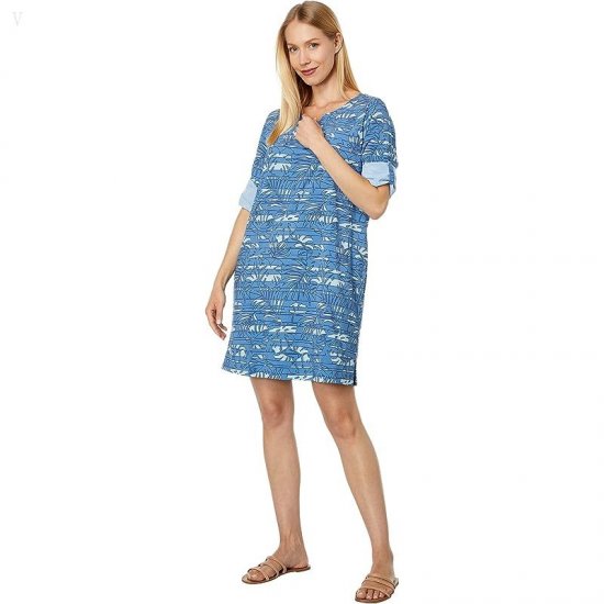 L.L.Bean Bean\'s Stretch Swim Cover-Up Split-Neck Tunic Print Rustic Blue Linear Palm ID-umWYLA5U