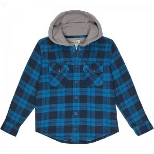 L.L.Bean Fleece Lined Flannel Shirt Hooded Plaid (Little Kids) Marine Blue ID-XWyJvqdS